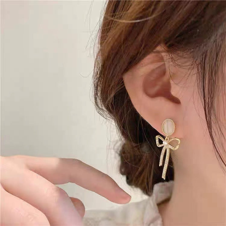 S925 silver needle opal set diamond bow simple earrings