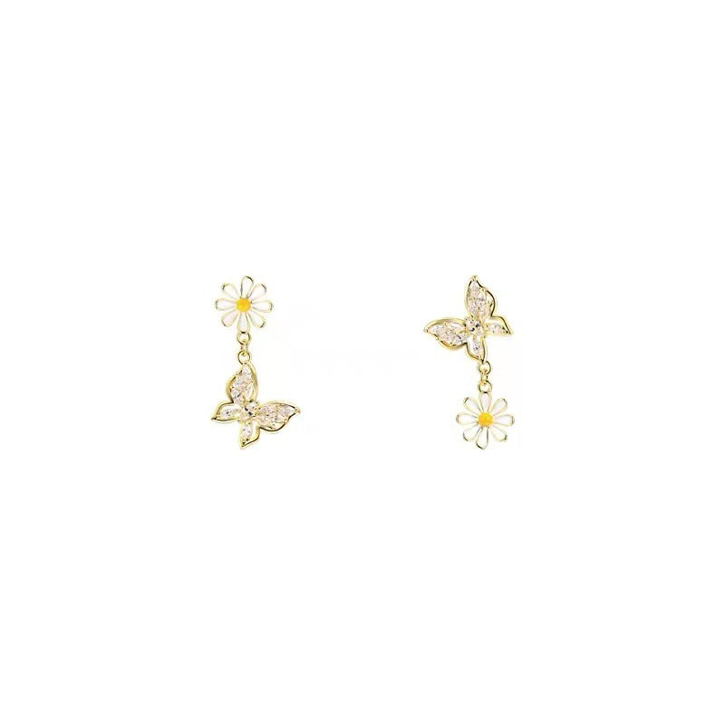 Butterfly flower asymmetric daisy S925 silver needle earrings