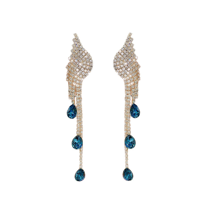 Full rhinestone long wing earrings