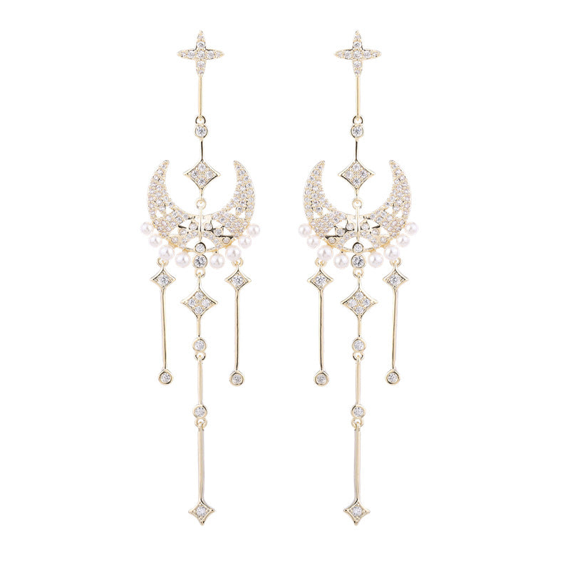 Star Moon pearl temperament long Tassel Earrings