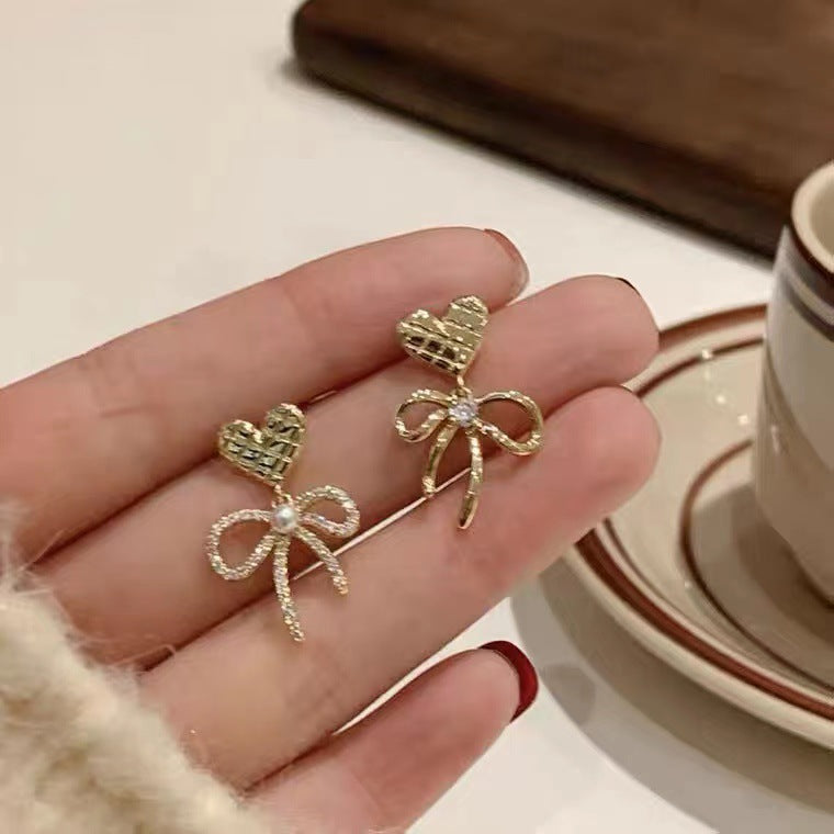 S925 silver needle love bow heart-shaped diamond earrings