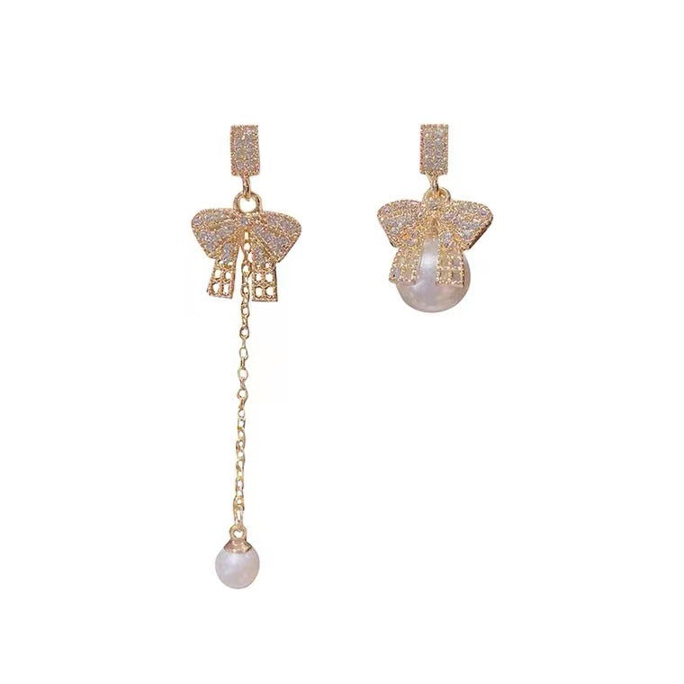 S925 Silver Needle Pearl tassel openwork asymmetric bow long earrings