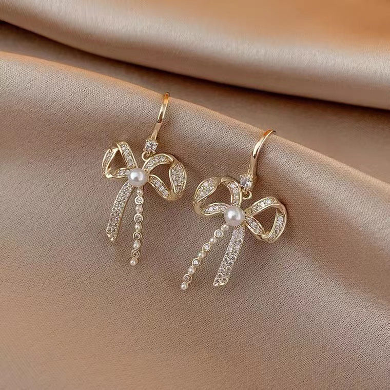 S925 silver needle long tassel pearl micro-set diamond earrings