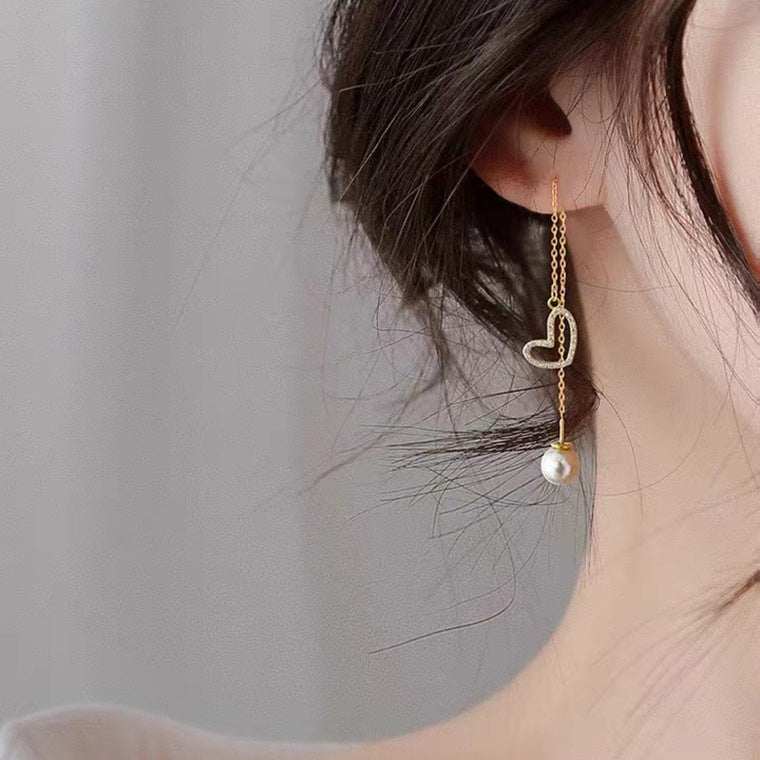 S925 silver needle gentle long tassel pearl earrings