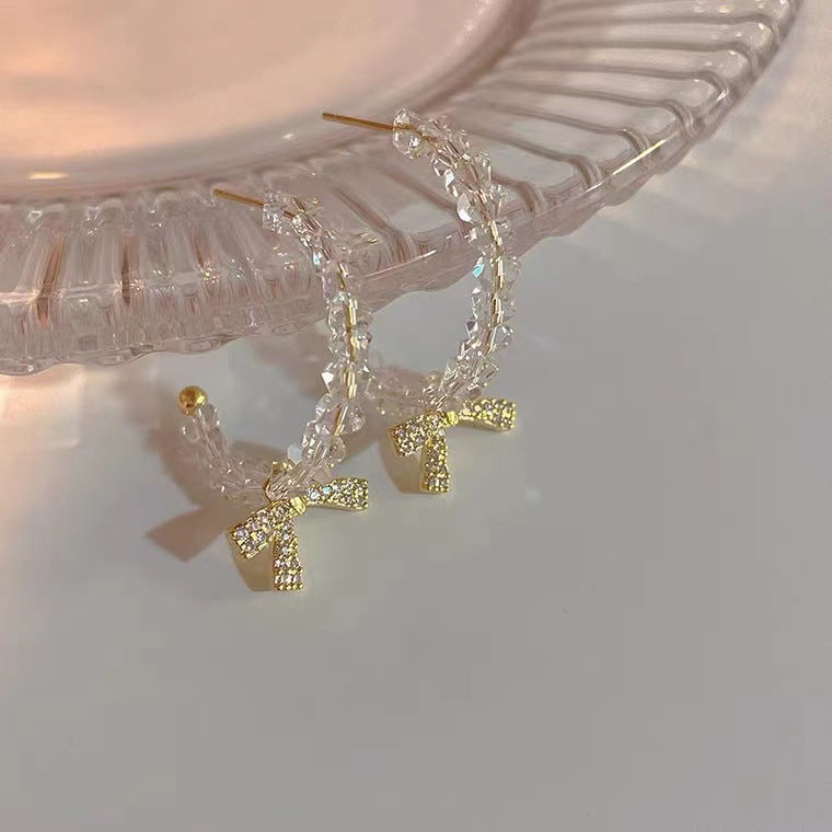 S925 Silver Needle Super Fairy Bow Crystal Beaded Earrings