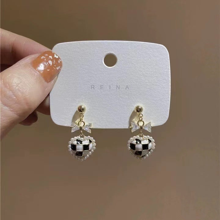 S925 silver needle pearl bow checkerboard earrings