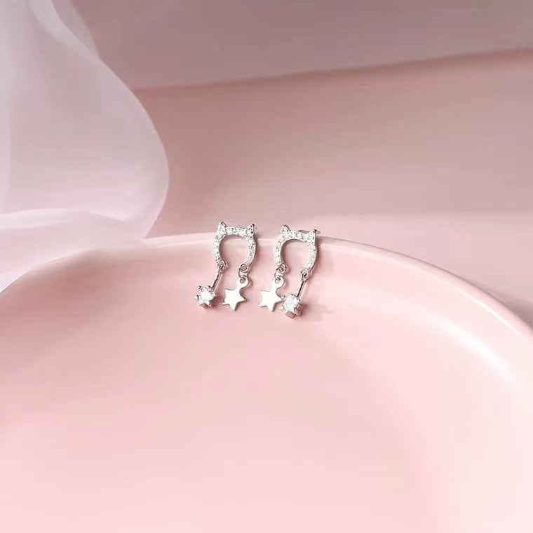 S925 Silver Needle Cat Star Earrings