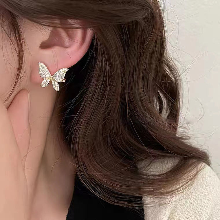 Full rhinestone butterfly ear clip simple retro earrings