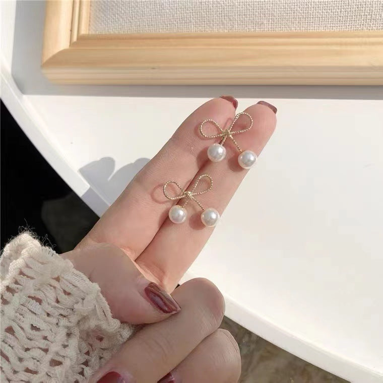 S925 silver needle simple small sweet bow pearl earrings