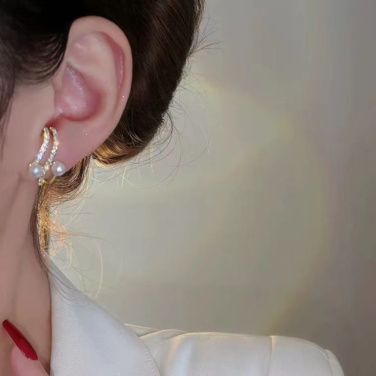 S925 silver needle pearl C-shaped multilayer earrings