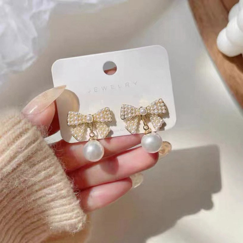 S925 silver needle elegant bow pearl earrings