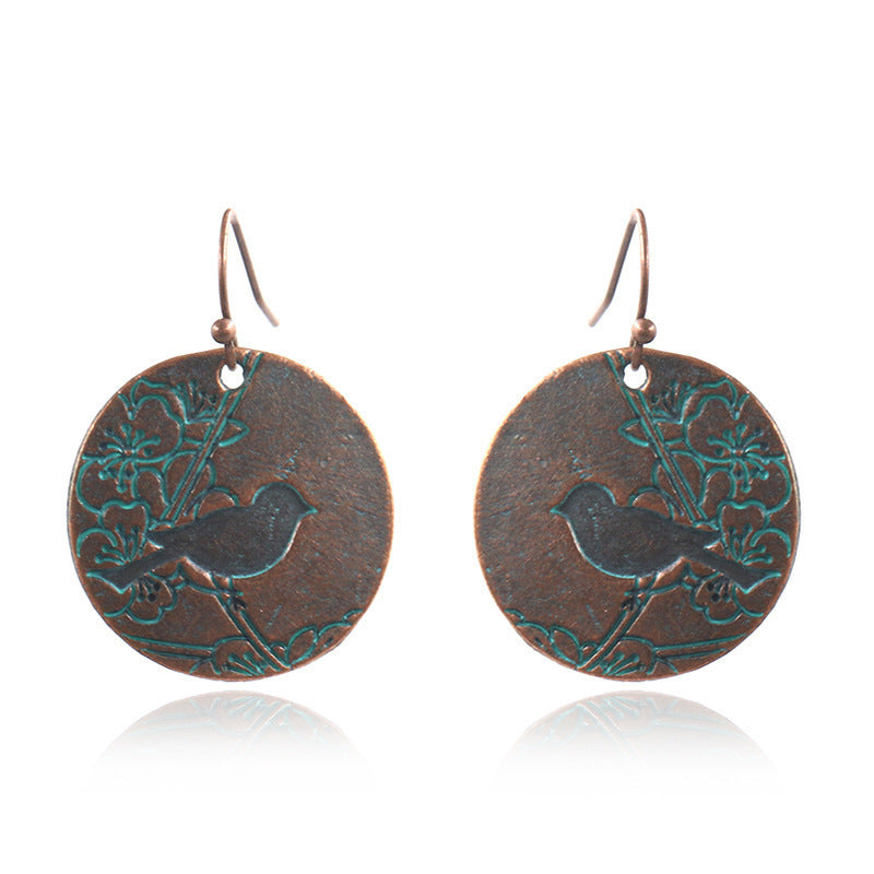 Vintage geometric round cub bird magpie pendant earrings