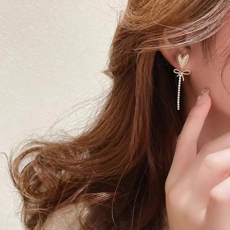 S925 silver needle love bow with diamond tassel earrings