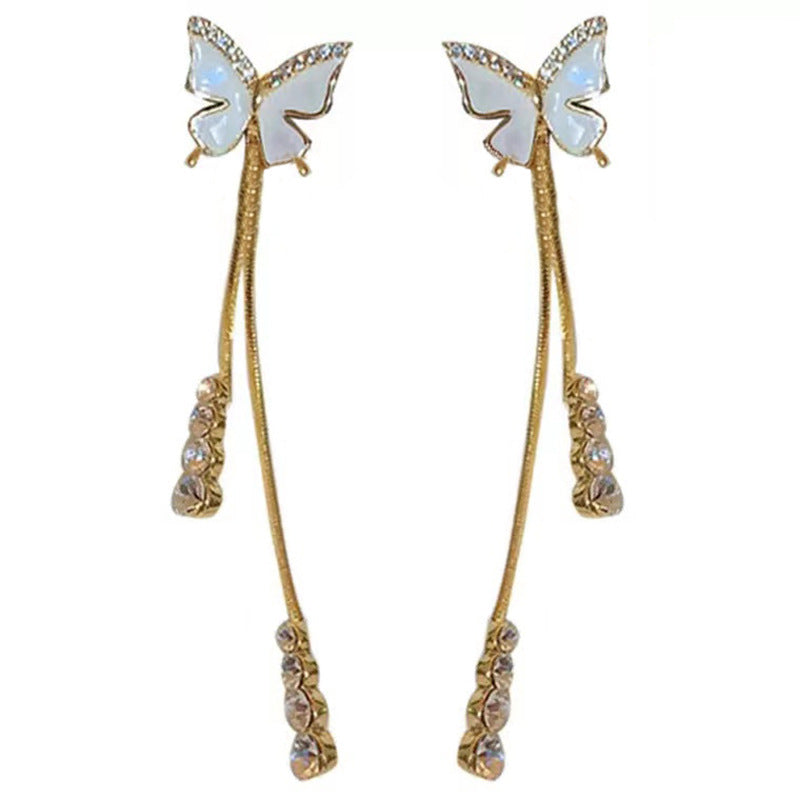 S925 silver needle sweet butterfly diamond tassel earrings