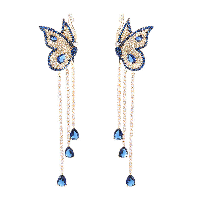 Color zircon silver needle long earrings