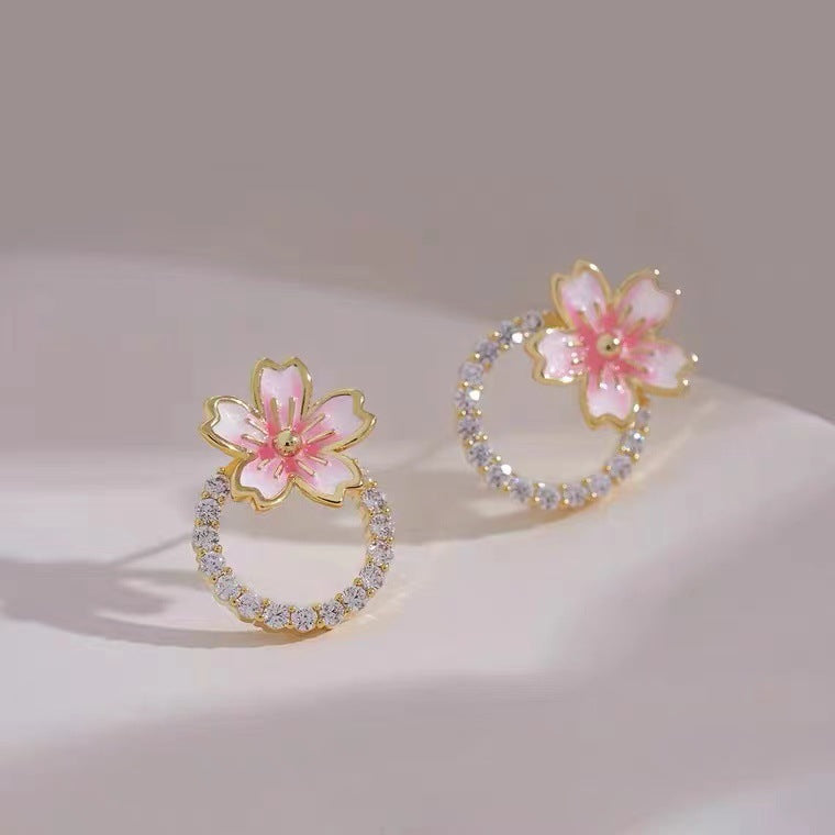 S925 silver pin pink cherry blossom earrings