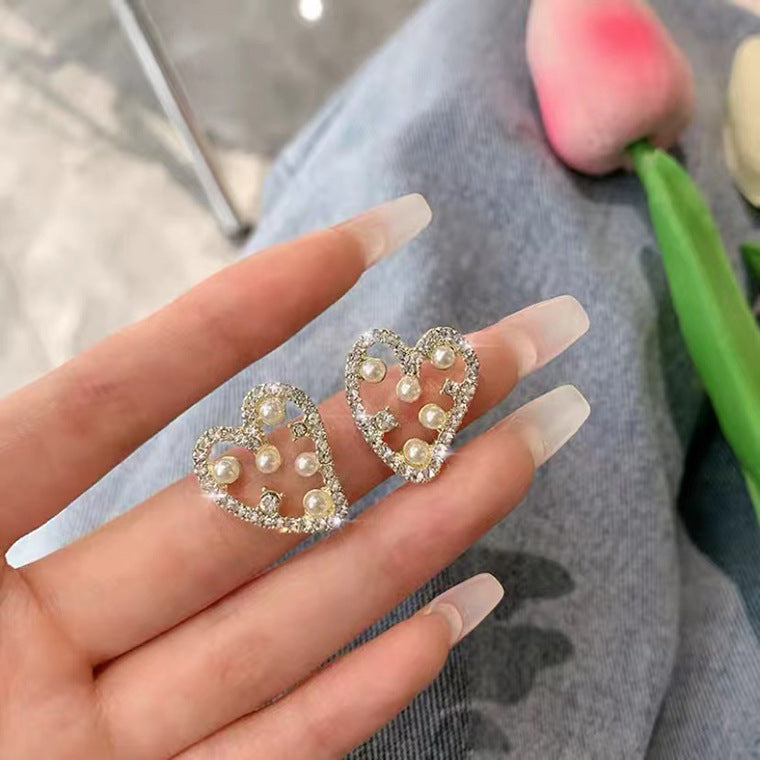 S925 silver needle minority irregular full diamond pearl love earrings