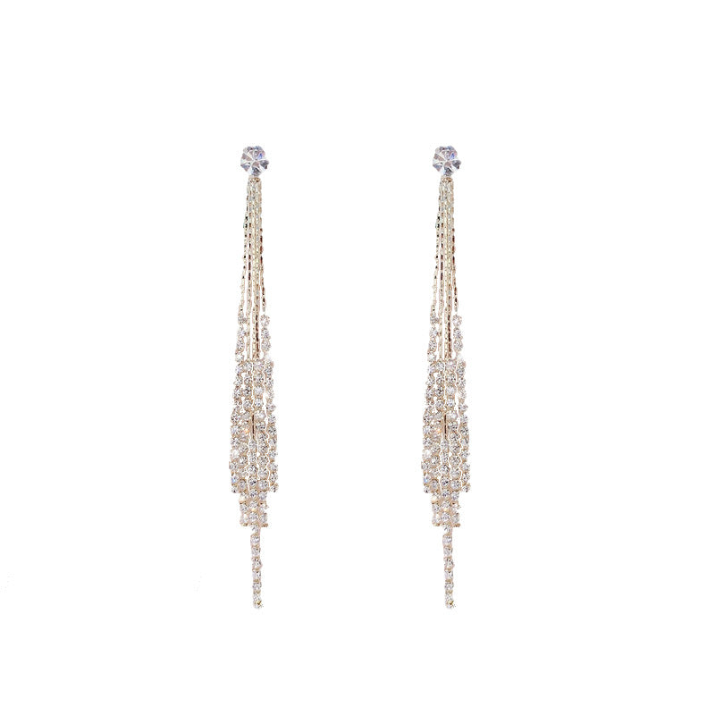Stylish fringed rhinestone long S925 silver pin earrings