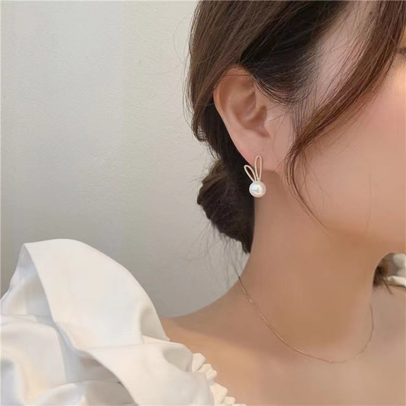 S925 silver needle drill rabbit ear pearl earrings