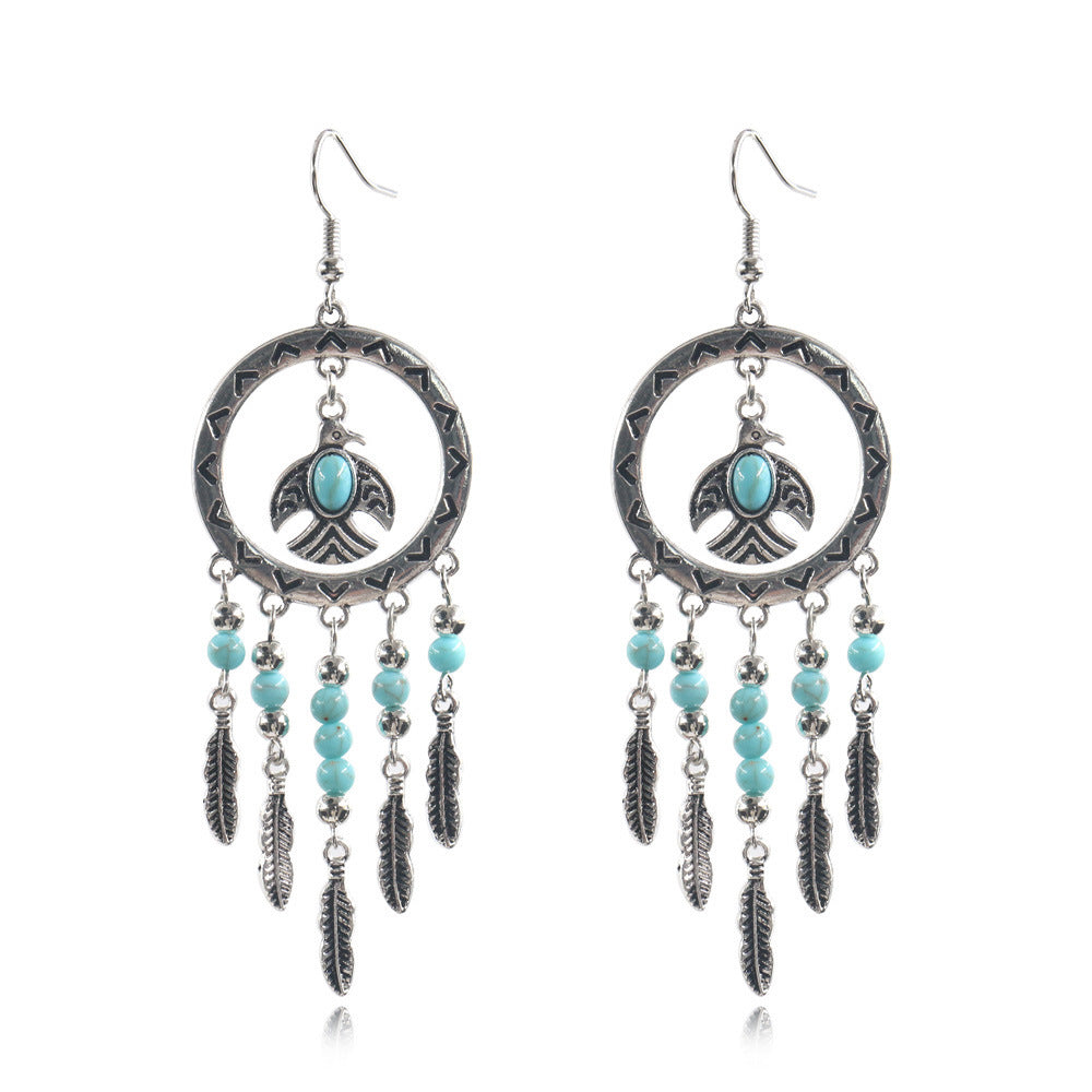 Bird Pendant Long Tassel Turquoise Earrings