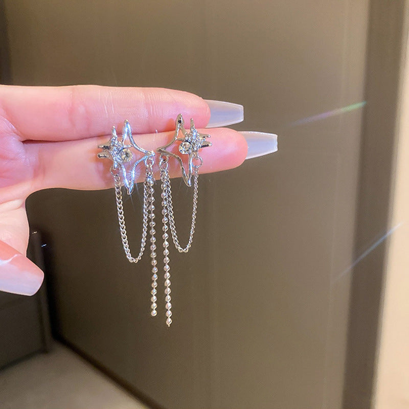 Silver needle with diamond star tassel earrings
