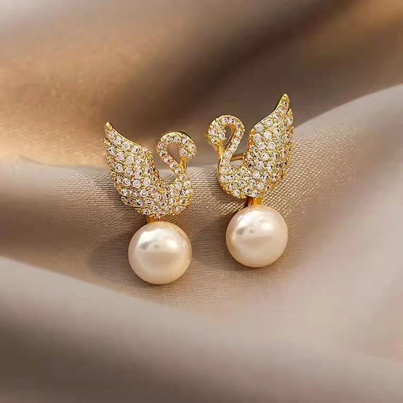 S925 silver needle full diamond swan earrings