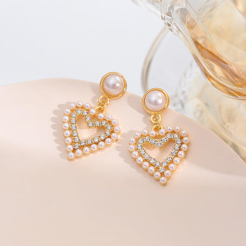 S925 silver needle love pearl red heart earrings