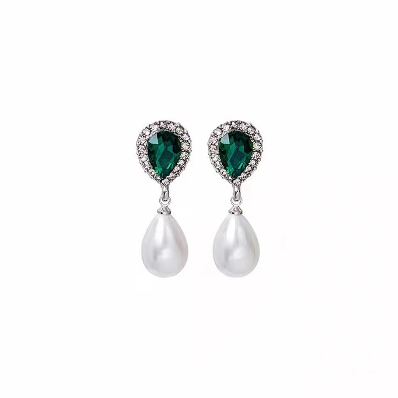 S925 silver needle vintage pearl diamond emerald earrings