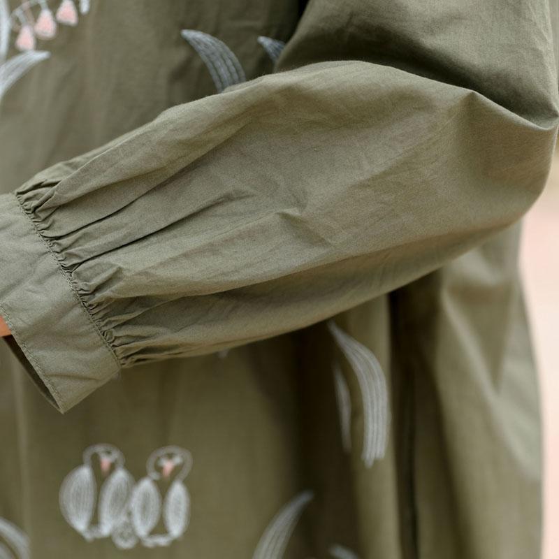 Owl Embroidery Green Long Sleeve Dress