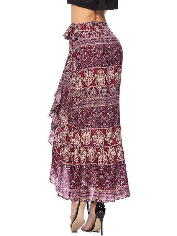 Floral Printed Belted Falbala Skirt Bottoms