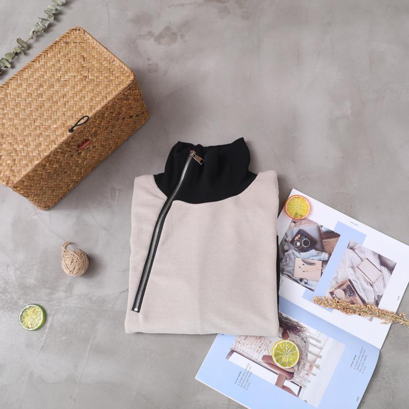 Patchwork Casual Zipper Turtleneck Soft Sweatshirt