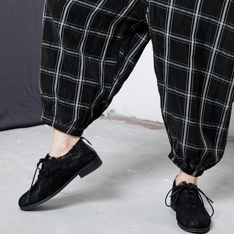 Plaid Casual Loose Drawstring Black Overall