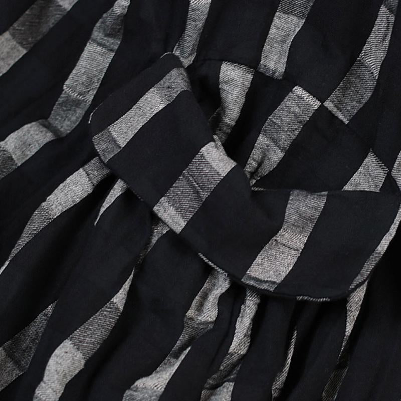 Plaid Pockets Loose O-neck Maxi Linen Dress