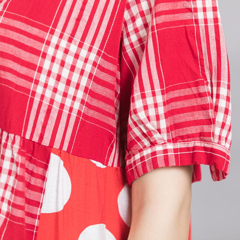 Plaid Spliced Dot Comfortable Cotton Dress