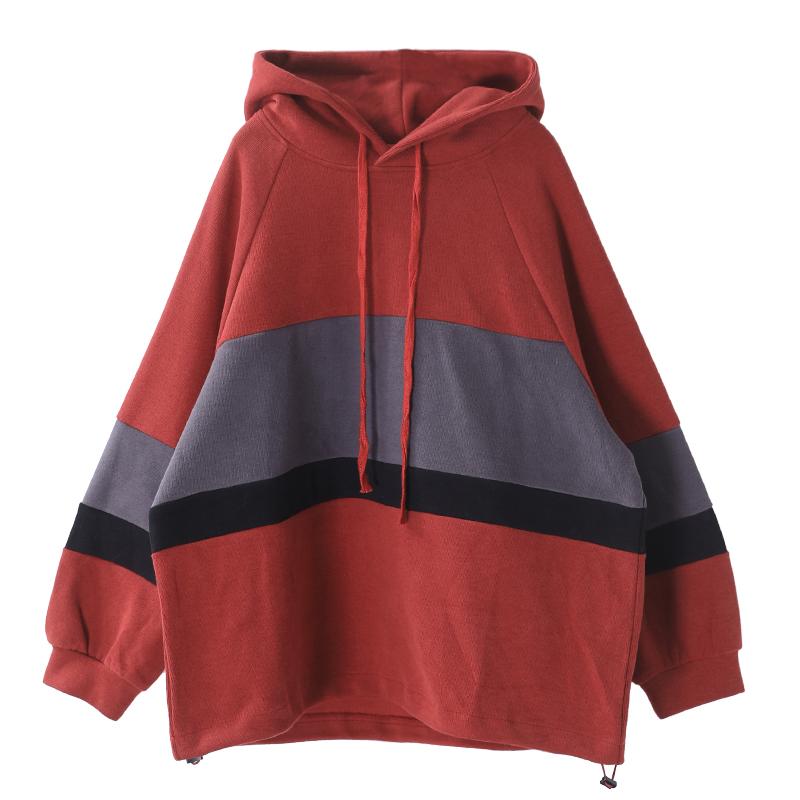 Plus Size - Color-blocking Stripes Casual Loose Hoodie