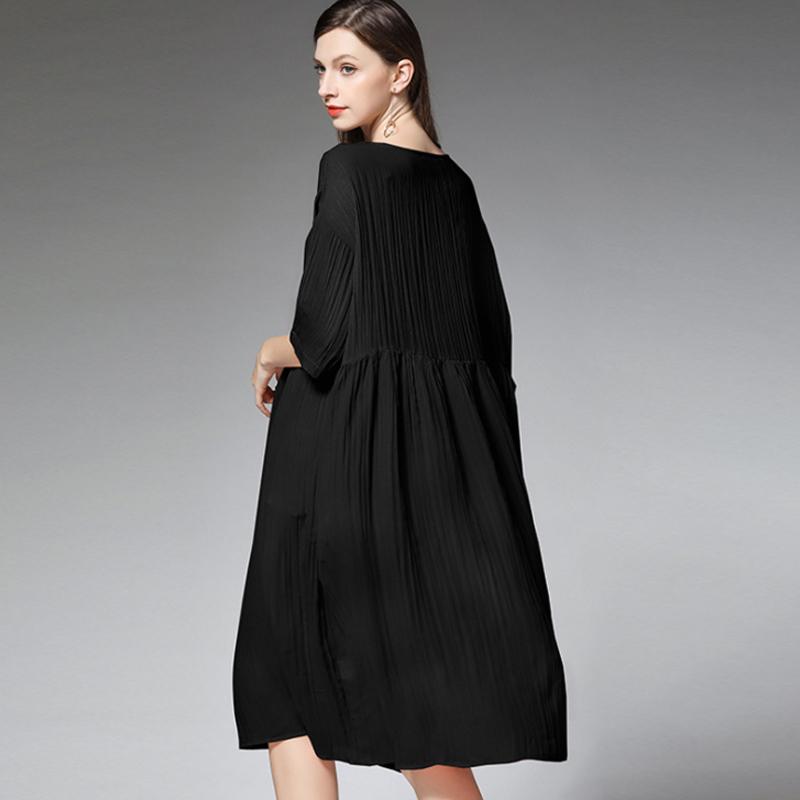 Plus Size Female Pleated Solid Color Midi Dress