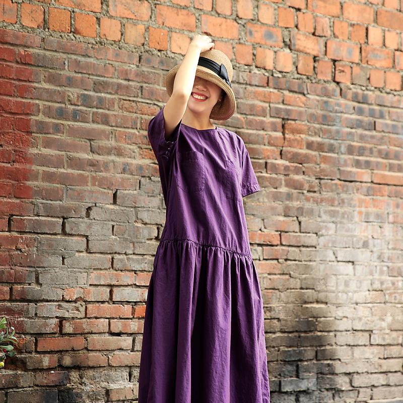 Plus Size Round Collar Short Sleeve Purple Cotton Dress