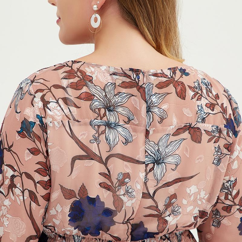 Plus Size Women Floral Chiffon Midi Maxi Dress With Belt