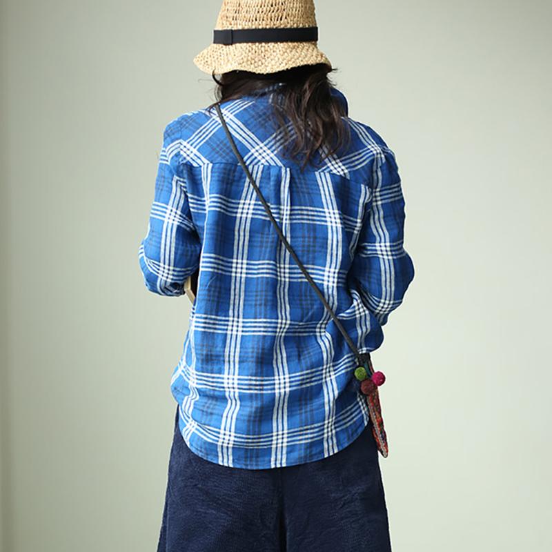Plus Size Women Plaid Preppy Style Blue Shirt