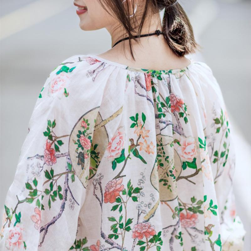 Print Cotton Linen V-Neck Lantern Sleeve Blouse