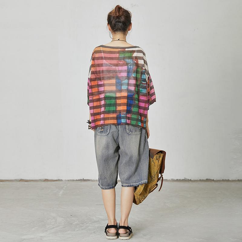 Print Round Neck Striped Short Sleeve Blouse