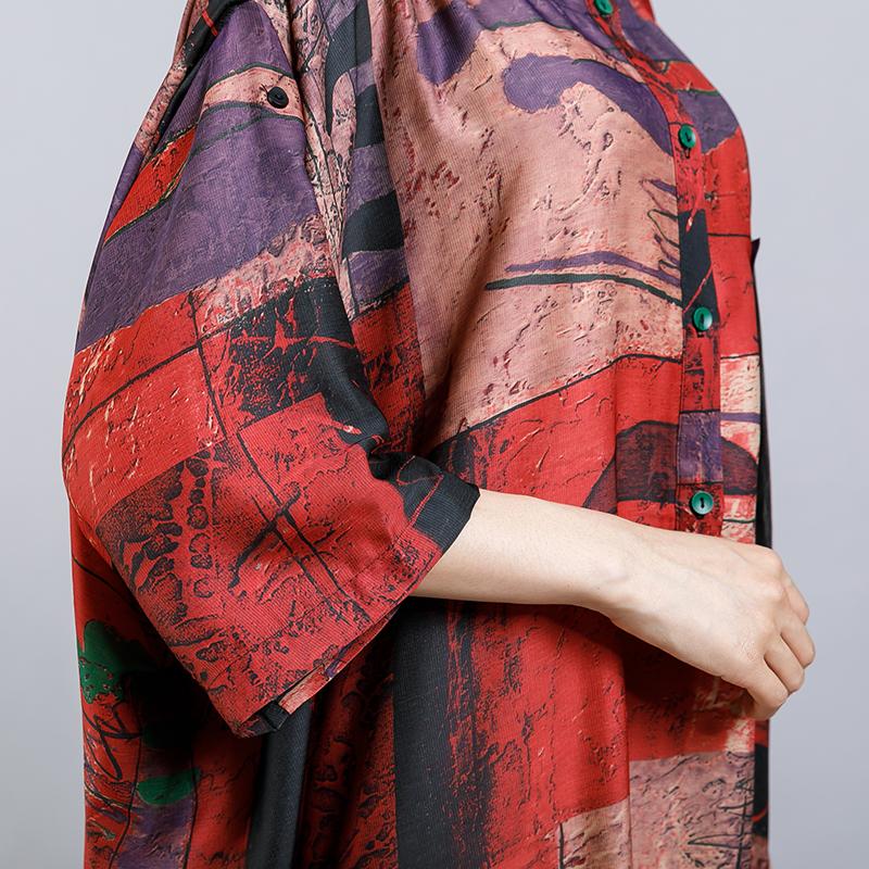 Print Short Sleeve Stand Collar Button Pockets Dress