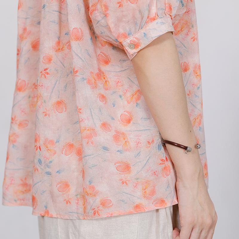 Print Stand Collar Casual Women Blouse