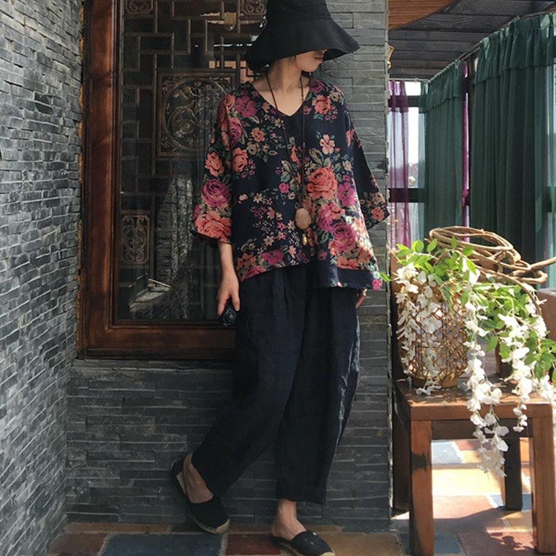 Print V-neck Autumn Long Sleeve Cotton Blouse