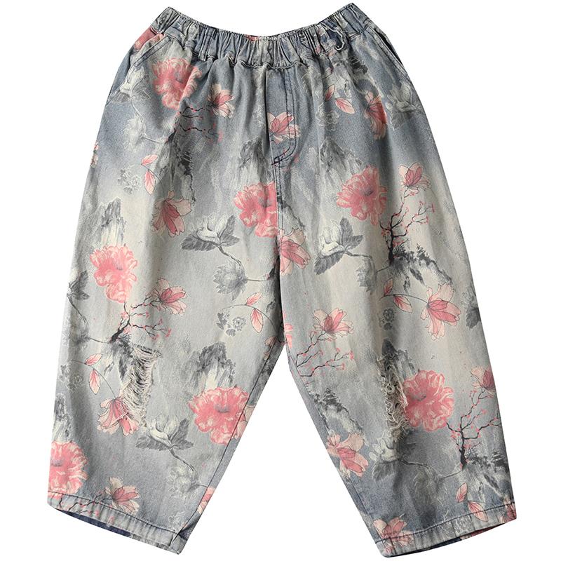 Print Washed Hole Loose Harem Jeans