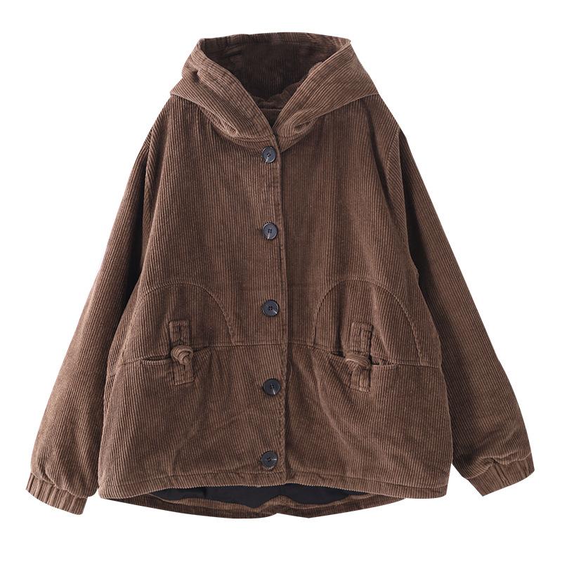 Pure Color Corduroy Casual Hooded Coat