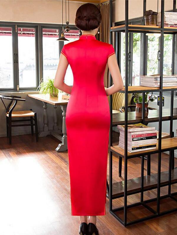 Traditional Cheongsam Long Dress with Open Sides, Two Colors
