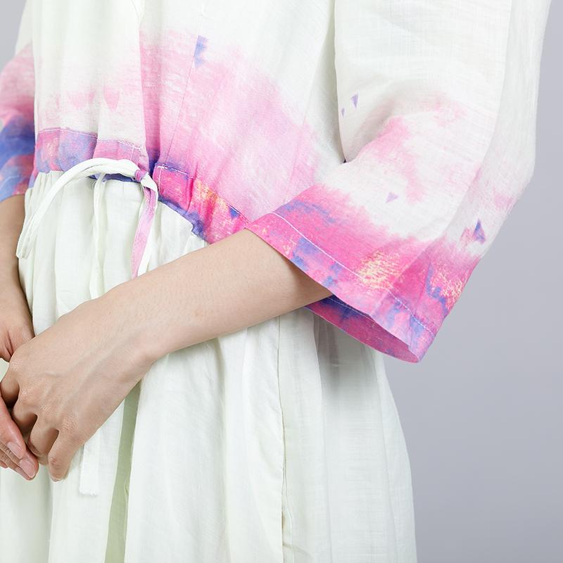 Ramie Indie Folk V-Neck Half Sleeve Dress