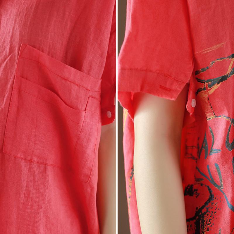 Ramie Retro Print Short Sleeve Blouse