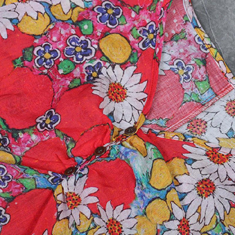 Ramie V-Neck Print Linen Women Dress